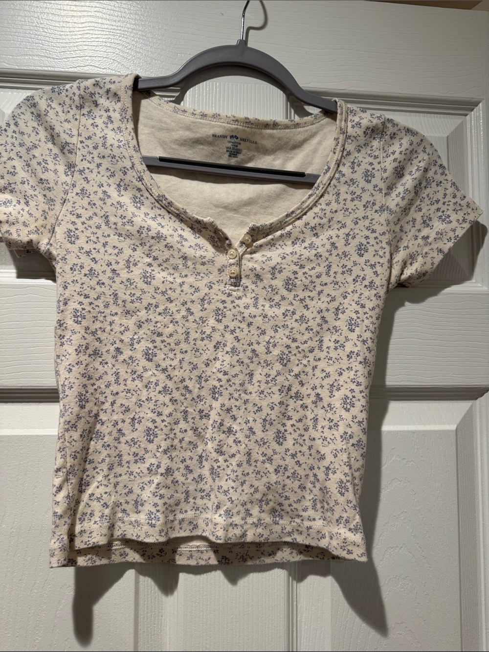 Brandy Melville Cream Short-Sleeve Henley with Blue Floral Print